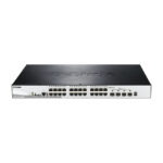 D-Link DGS-1510-28XMP switch gestionado con conectividad Gigabit Ethernet, soporte PoE, en colores negro y gris
