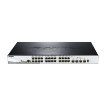 D-Link DGS-1510-28XMP switch gestionado con conectividad Gigabit Ethernet, soporte PoE, en colores negro y gris