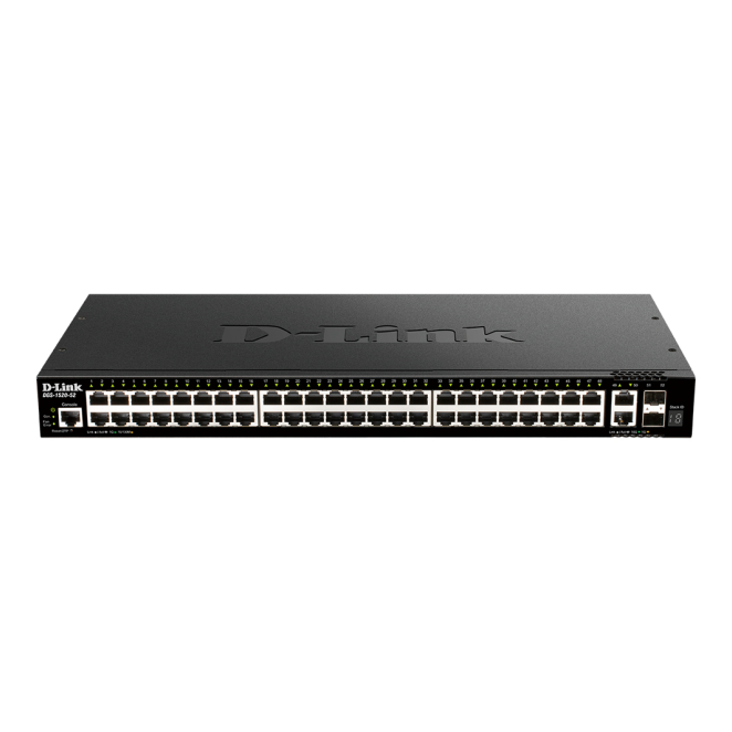 D-Link Switch Gestionado L3 10G Ethernet 52 Puertos Imagen del D-Link DGS-1520-52, un switch gestionado L3 con 52 puertos y capacidad de 10G Ethernet, modelo negro, SKU DGS-1520-52.