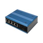 Imagen del conmutador PoE industrial de red Fast Ethernet Digitus DN-651131 con 4 puertos no gestionado y 1 enlace ascendente SFP. Ideal para entornos industriales.