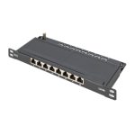 Imagen del Digitus CAT 6A Slim Patch Panel, blindado, con 8 puertos, de 0,5 U y 10 pulgadas, color negro. SKU: DN-91608S-SL-EA