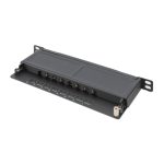 Imagen del Digitus CAT 6A Slim Patch Panel, blindado, con 8 puertos, de 0,5 U y 10 pulgadas, color negro. SKU: DN-91608S-SL-EA