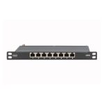 Imagen del Digitus CAT 6A Slim Patch Panel, blindado, con 8 puertos, de 0,5 U y 10 pulgadas, color negro. SKU: DN-91608S-SL-EA
