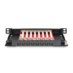 Imagen del Digitus CAT 6A Slim Patch Panel, blindado, con 8 puertos, de 0,5 U y 10 pulgadas, color negro. SKU: DN-91608S-SL-EA