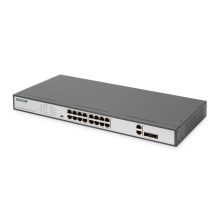 Switch Ethernet de 16 puertos Digitus con capacidad PoE, montaje en rack de 19 pulgadas, no gestionado y con 2 uplinks. SKU DN-95342-1