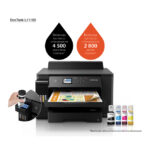 Vista de la impresora Epson EcoTank L1116 de inyección de tinta, con resolución de 4800 x 1200 DPI y capacidad A3. SKU: C11CJ04402
