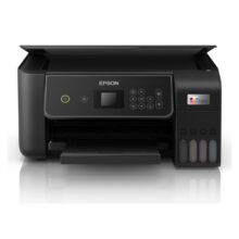 Vista de la impresora Epson EcoTank ET-2871 de inyección de tinta, compatible con A4, resolución de 5760 x 1440 DPI, velocidad de 33 ppm y conectividad Wifi. SKU: C11CJ66422