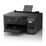 Vista de la impresora Epson EcoTank ET-2871 de inyección de tinta, compatible con A4, resolución de 5760 x 1440 DPI, velocidad de 33 ppm y conectividad Wifi. SKU: C11CJ66422