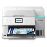 Vista frontal de la impresora Epson EcoTank ET-4956 con impresión de inyección de tinta, resolución de 4800 x 1200 DPI, velocidad de 35 ppm y conectividad Wifi. SKU: C11CL40403
