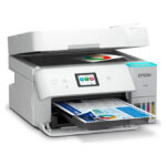 Vista frontal de la impresora Epson EcoTank ET-4956 con impresión de inyección de tinta, resolución de 4800 x 1200 DPI, velocidad de 35 ppm y conectividad Wifi. SKU: C11CL40403