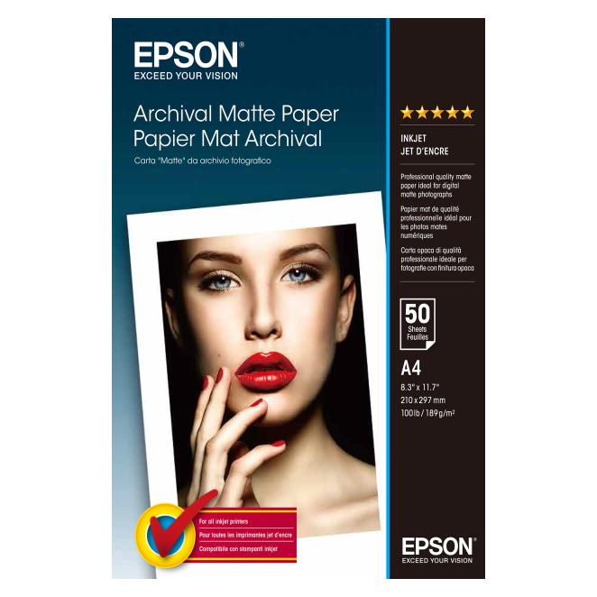 Epson Archival Matte Paper A4 50 Hojas de Alta Calidad Epson Archival Matte Paper en tamaño A4, paquete de 50 hojas, SKU C13S041342. Papel mate para impresión de alta calidad.
