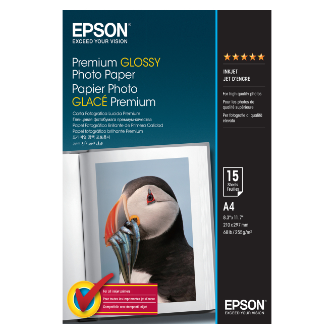 Epson Premium Glossy Photo Paper A4, 15 Hojas Papel fotográfico brillante Epson Premium tamaño A4, paquete de 15 hojas, SKU C13S042155