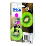 Cartucho de tinta magenta Epson Kiwi Singlepack 202XL Claria Premium, SKU C13T02H34020, de alta capacidad para impresiones de calidad superior.