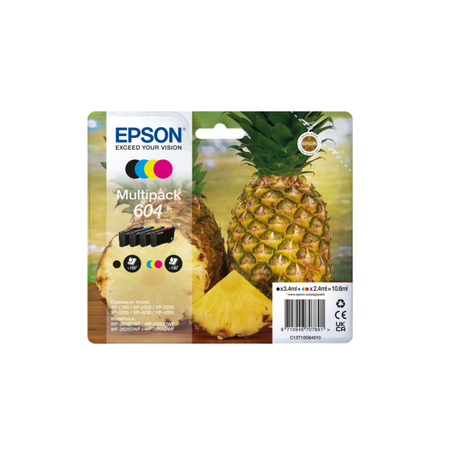Epson cartucho de tinta 4 piezas, rendimiento estándar en colores negro, cian, magenta y amarillo Cartucho de tinta Epson 604 de cuatro piezas, con rendimiento estándar y colores negro, cian, magenta, amarillo. SKU: C13T10G64010