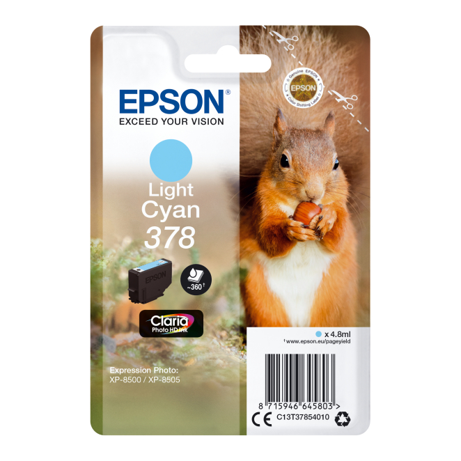 Epson Squirrel Singlepack Light Cyan 378 Claria Photo HD Ink Cartridges Epson Squirrel Singlepack Light Cyan 378 Claria Photo HD Ink Cartridge, perfect for high-quality photo printing, SKU C13T37854010