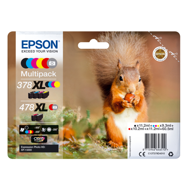 Epson Multipack 6 Colores 378XL Claria Photo HD Ink Alta Capacidad Paquete Epson Squirrel de 6 tintas Claria Photo HD 378XL / 478XL, SKU C13T379D4010, para impresiones fotográficas de alta calidad