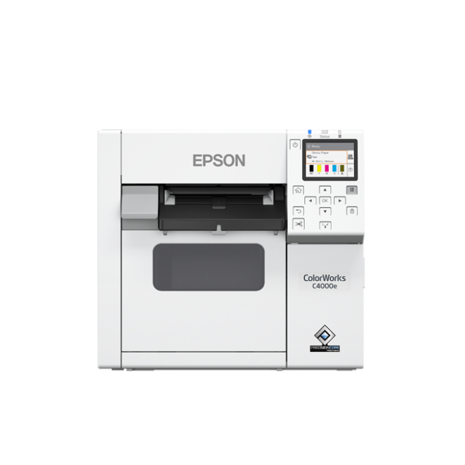 Epson impresora de etiquetas CW-C4000e rápida y precisa Epson CW-C4000e (mk), impresora de etiquetas color con resolución de 1200x1200 dpi. SKU: C31CK03102MK