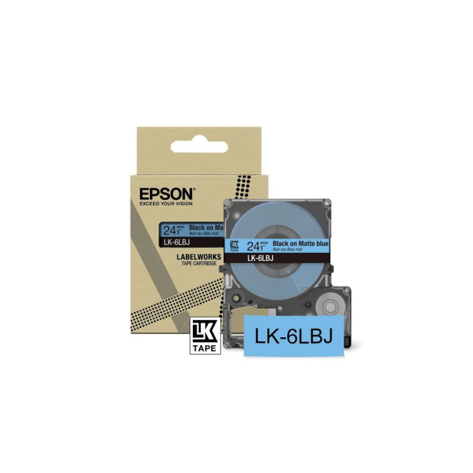 Epson etiqueta adhesiva LK-6LBJ negro y azul resistente al agua Etiqueta adhesiva Epson modelo LK-6LBJ en negro y azul, resistente al agua y a la decoloración. SKU C53S672082