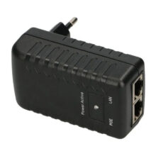 Fuente de alimentación PoE de Extralink, modelo POE-18-18W. Provee 18V y 1A con 18W de potencia, enchufe de la pared. SKU EX.14220