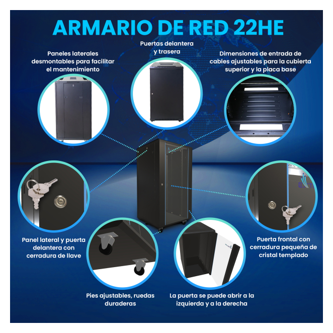 Extralink Armario rackmount 22U 600x600 Negro de pie 4 Panel lateral y ruedas del Extralink Armario rackmount 22U