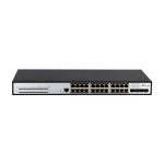 Extralink Conmutador PoE Chiron Pro 24x RJ45 1000Mb/s PoE, 4x SFP+, L3, 370W (EX.19737) de vista frontal y lateral mostrando sus puertos y características clave.