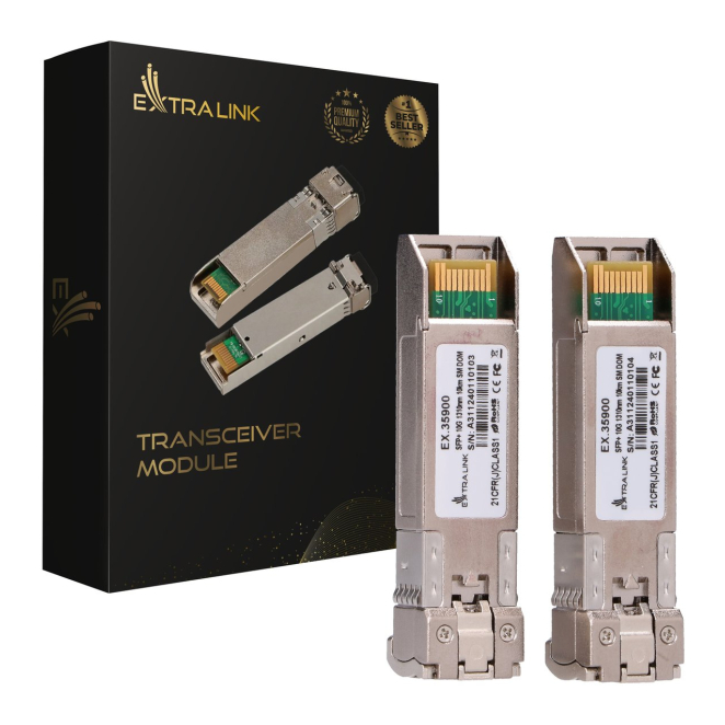Extralink Módulo SFP+ 10G 2-pack con soporte de 10Gbps Módulo SFP+ Extralink 10G 2-pack, soporta 10Gbps, conector LC/UPC, longitud 1310nm, alcance 10km, modo único, DOM. SKU EX.35900