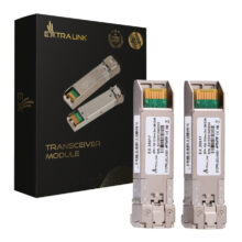 Imagen del módulo Extralink SFP+ 10G 2-pack con velocidades de 10Gbps, conectores LC/UPC, longitud de onda de 1310nm y alcance de 2km. SKU EX.35917.
