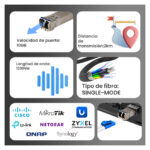 Imagen del módulo Extralink SFP+ 10G 2-pack con velocidades de 10Gbps, conectores LC/UPC, longitud de onda de 1310nm y alcance de 2km. SKU EX.35917.
