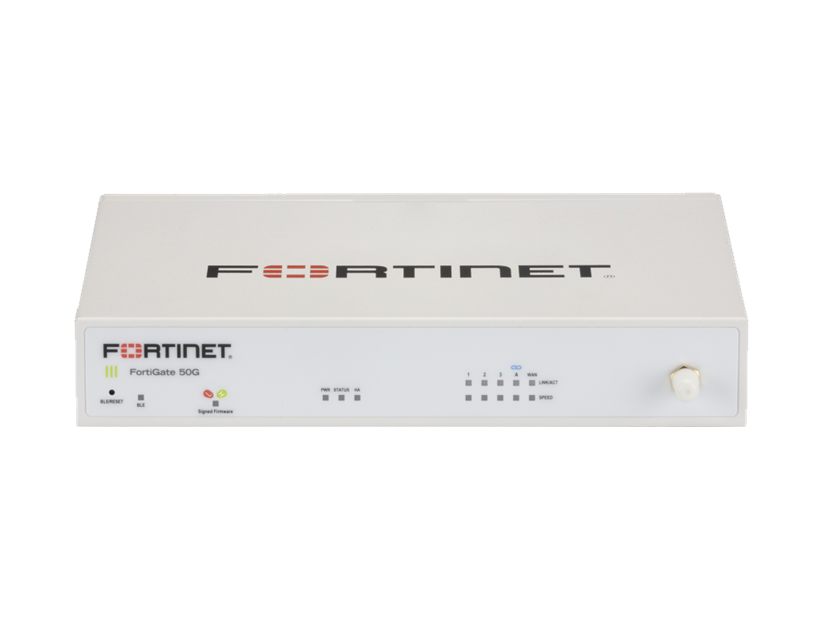 Fortinet FortiGate-50G-DSL con módulo DSL integrado y 5 puertos RJ45 Imagen del firewall Fortinet FortiGate-50G-DSL con 5 puertos GE RJ45, incluyendo 4 puertos internos y 1 puerto WAN, SKU FG-50G-DSL