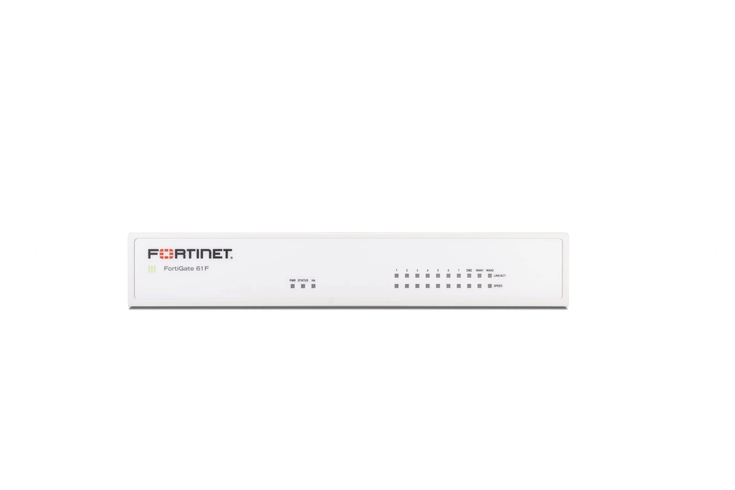Fortinet FortiGate-61F Firewall with 10 x GE RJ45 Ports and 128GB SSD Imagen del Fortinet FortiGate-61F Firewall que incluye 10 puertos GE RJ45 (2 puertos WAN, 1 puerto DMZ, 7 puertos internos) y almacenamiento SSD de 128GB. SKU FG-61F-HA