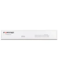 Fortinet FortiGate-61F firewall con 10 puertos GE RJ45, 2 puertos WAN, 1 puerto DMZ, 7 puertos internos y almacenamiento SSD de 128GB. SKU: FG-61F