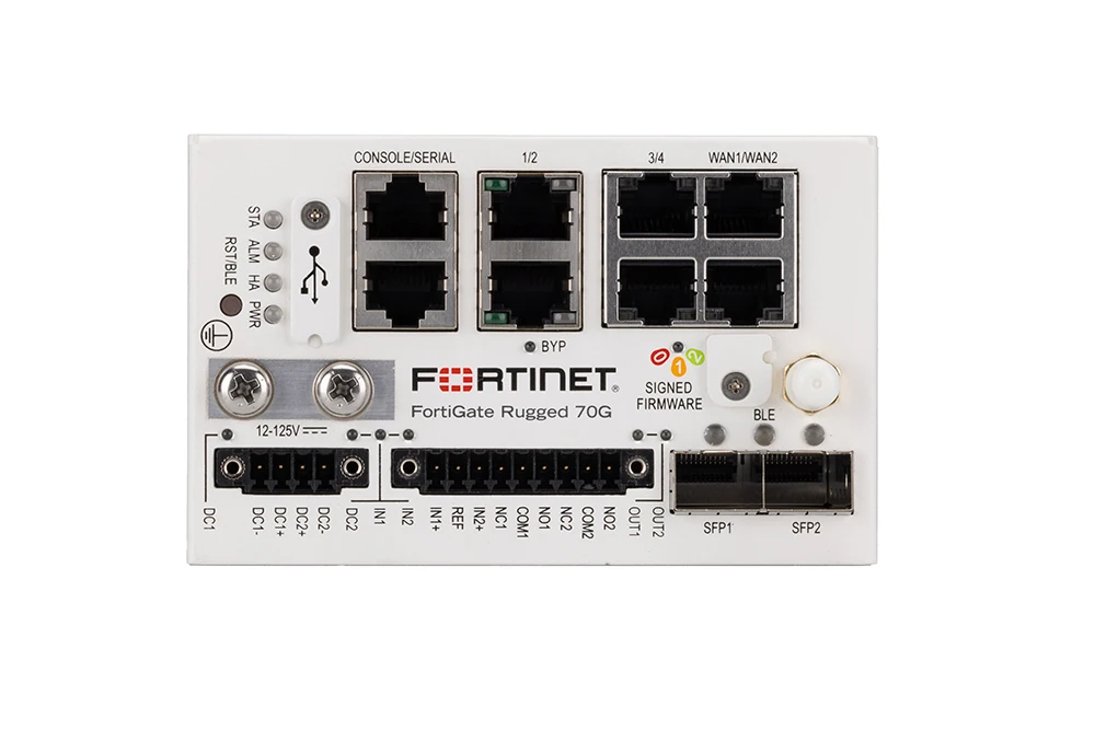 FortiGate Rugged-70G Indoor Firewall with Dual Power Inputs FortiGate Rugged-70G firewall designed for indoor use with IP40 rating, features including 4 GE RJ45 LAN ports, GE RJ45 bypass port pair, GE RJ45 WAN ports, SFP slots, serial ports, USB port, and dual power inputs, SKU FGR-70G.