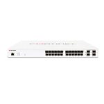 Imagen del Fortinet FS-124E-POE switch gestionado L2 Gigabit Ethernet (10/100/1000) con Energía sobre Ethernet (PoE), SKU FORTISWITCH-124E-POE, en color blanco y formato 1U