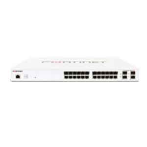 Imagen del Fortinet FS-124E-POE switch gestionado L2 Gigabit Ethernet (10/100/1000) con Energía sobre Ethernet (PoE), SKU FORTISWITCH-124E-POE, en color blanco y formato 1U