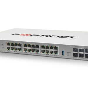 Vista lateral del Fortinet FortiSwitch-124G, un switch para redes cableadas compatible con FortiGate, que ofrece 24 puertos RJ45 de 2.5G/1G/100M y 6 puertos SFP+/SFP de 10G/1G. SKU: FS-124G