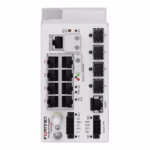 FortiSwitchRugged-112F-POE Layer 2 ruggedized FortiGate switch controller compatible PoE switch with 8 x 1GE/100M/10M RJ45 PoE 802.3bt type 4 (90W) with maximum 240W limit, and 4 x 1G/100M SFP. IP40 rating.