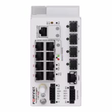 Imagen del Fortinet FortiSwitchRugged-112F-POE, un switch PoE de capa 2 compatible con controlador FortiGate. Ofrece 8 puertos RJ45 PoE con 90W cada uno y 4 puertos SFP. SKU FSR-112F-POE.