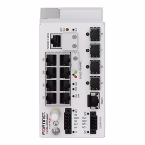Imagen del Fortinet FortiSwitchRugged-112F-POE, un switch PoE de capa 2 compatible con controlador FortiGate. Ofrece 8 puertos RJ45 PoE con 90W cada uno y 4 puertos SFP. SKU FSR-112F-POE.