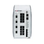 Fortinet FortiSwitch Rugged 216F-POE con 16 puertos 10M/100M/1GE RJ45 PoE 802.3bt tipo 4 (90W), máximo 360W, y 4 puertos 1G/10GE SFP+. IP40, SKU FSR-216F-POE.