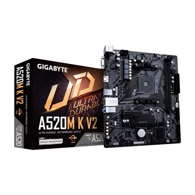 GIGABYTE Placa Base A520M K V2 con soporte para CPUs AMD Ryzen GIGABYTE Placa base modelo A520M K V2 compatible con CPUs AMD Ryzen serie 5000, soporte hasta 5100MHz DDR4 en overclocking, PCIe Gen3 x4 M.2, LAN GbE y USB 3.2 Gen 1. SKU: A520M K V2