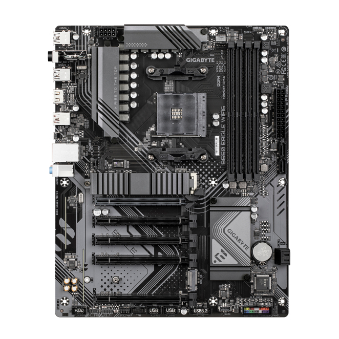 GIGABYTE B550 EAGLE WIFI6 Placa base - Procesadores AMD Ryzen serie 5000 G, VRM de 10+3+1 fases, hasta 3200 MHz DDR4, 1xPCIe 4.0 + 1xPCIe 3.0 M.2, LAN 1GbE, WIFI 6, USB 3.2 Gen 2 2 GIGABYTE B550 EAGLE WIFI6 PCIe 4.0 y USB 3.2 Gen 2