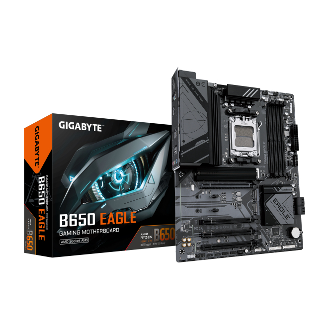 GIGABYTE B650 EAGLE Placa Base con Soporte para AMD Ryzen 9000 GIGABYTE B650 EAGLE Placa base para AMD Ryzen serie 9000, VRM de 12+2+2 fases, hasta 7600 MHz DDR5 (OC), 1xPCIe 5.0, 2xPCIe 4.0 M.2, LAN GbE, USB 3.2 Gen 2, SKU: B650 EAGLE