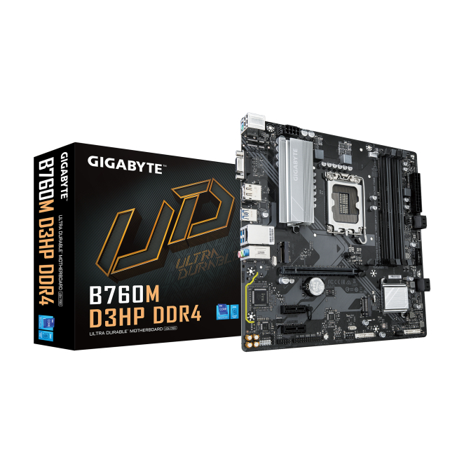 Gigabyte Placa Base B760M D3HP DDR4 con soporte para CPUs Intel Core de 14ª generación Gigabyte B760M D3HP DDR4 placa base compatible con CPUs Intel Core 14ª generación, VRM digital de 4+1+1 fases, hasta 5333MHz DDR4, 2xPCIe 4.0 M.2, GbE LAN, USB 3.2 Gen1 - SKU B760M D3HP DDR4