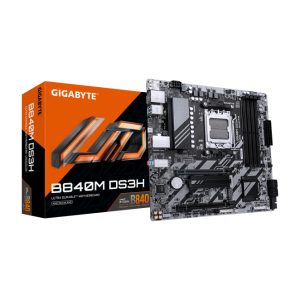 Vista superior de la placa base GIGABYTE B840M DS3H con soporte para procesadores AMD Ryzen 9000, VRM de 8+2+2 fases, compatibilidad con DDR5 hasta 8200 MHz, 2 ranuras PCIe 4.0 M.2, LAN 2.5GbE, y puertos USB 3.2 Gen 1. SKU: B840M DS3H