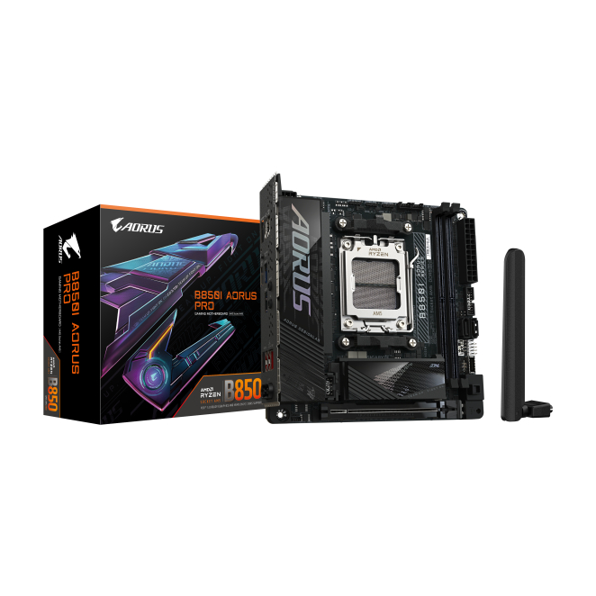 GIGABYTE B850I AORUS PRO Placa Base AMD Ryzen con VRM digital GIGABYTE B850I AORUS PRO Placa Base compatible con procesadores AMD Ryzen Serie 9000, VRM digital de 8+2+1 fases, DDR5 hasta 8400MHz, PCIe 5.0 y 4.0, SKU B850I AORUS PRO