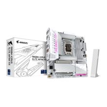 Imagen de la placa base GIGABYTE B860M AORUS ELITE WF6E ICE, compatible con CPUs Intel Core Ultra, VRM de 12+1+2+1 fases, soporta DDR5 hasta 9200MHz, 1xPCIe 5.0, 2xPCIe 4.0 M.2, LAN 2.5 GbE, WIFI 6E y USB 4. SKU: B860M A ELT WF6E ICE