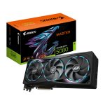 Imagen de la tarjeta gráfica GIGABYTE AORUS GeForce RTX 5080 MASTER 16G con 16GB GDDR7, 256 bits, PCI-E 5.0, 2805MHz Core Clock, 3 puertos DisplayPort y 1 HDMI. SKU: GV-N5080AORUS M-16GD