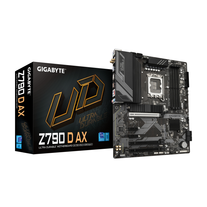 GIGABYTE placa base Z790 D AX con soporte para CPUs Intel Core de 14ª generación Vista de la placa base GIGABYTE Z790 D AX, compatible con CPUs Intel Core de 14ª generación, con VRM digital de 12+1+1 fases, soporta hasta 7600MHz DDR5, 3 puertos PCIe 4.0 M.2, Wi-Fi 6E, LAN de 2.5GbE y USB 3.2 Gen 2. SKU: Z790 D AX.