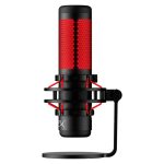 Imagen del micrófono USB HyperX QuadCast en colores negro y rojo con iluminación roja, ideal para streaming. SKU: 4P5P6AA