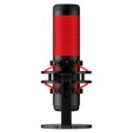 Imagen del micrófono USB HyperX QuadCast en colores negro y rojo con iluminación roja, ideal para streaming. SKU: 4P5P6AA